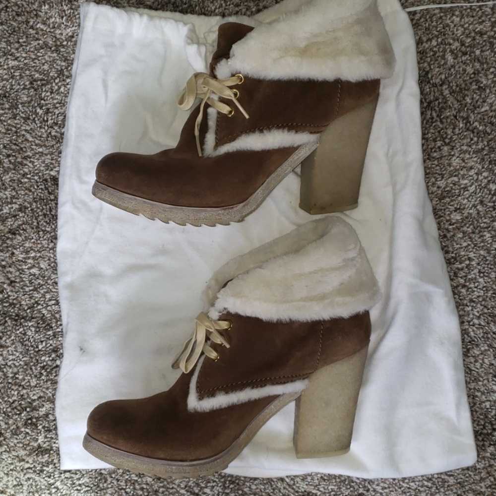 PRADA suede shearling fold over heeled booties 10